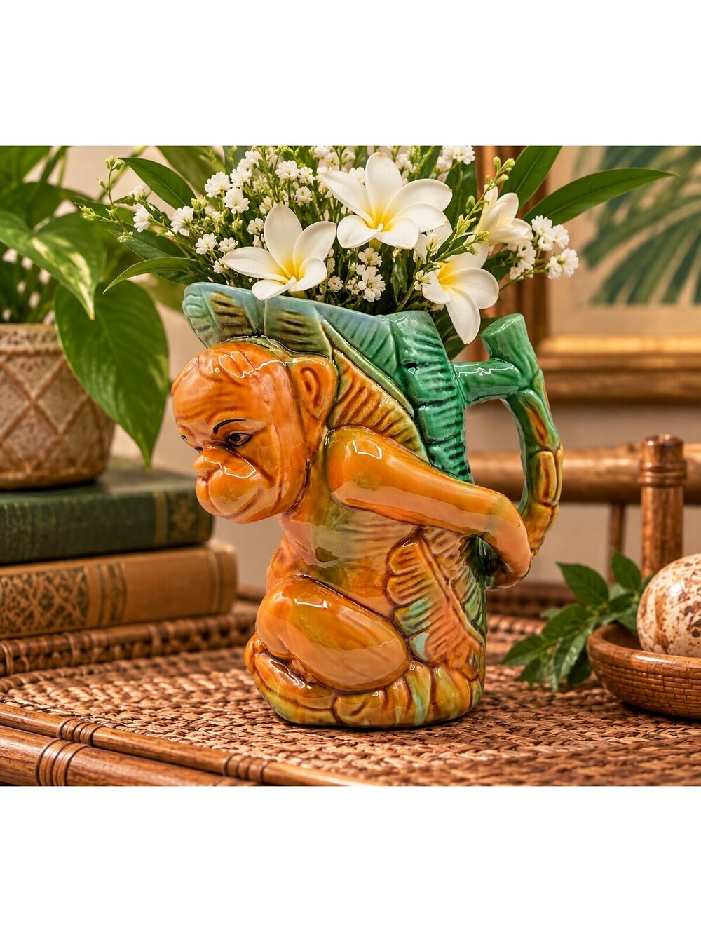 Vintage Majolica Style Monkey Banana Leaf Pitcher Jug Tropical Ceramic 7"